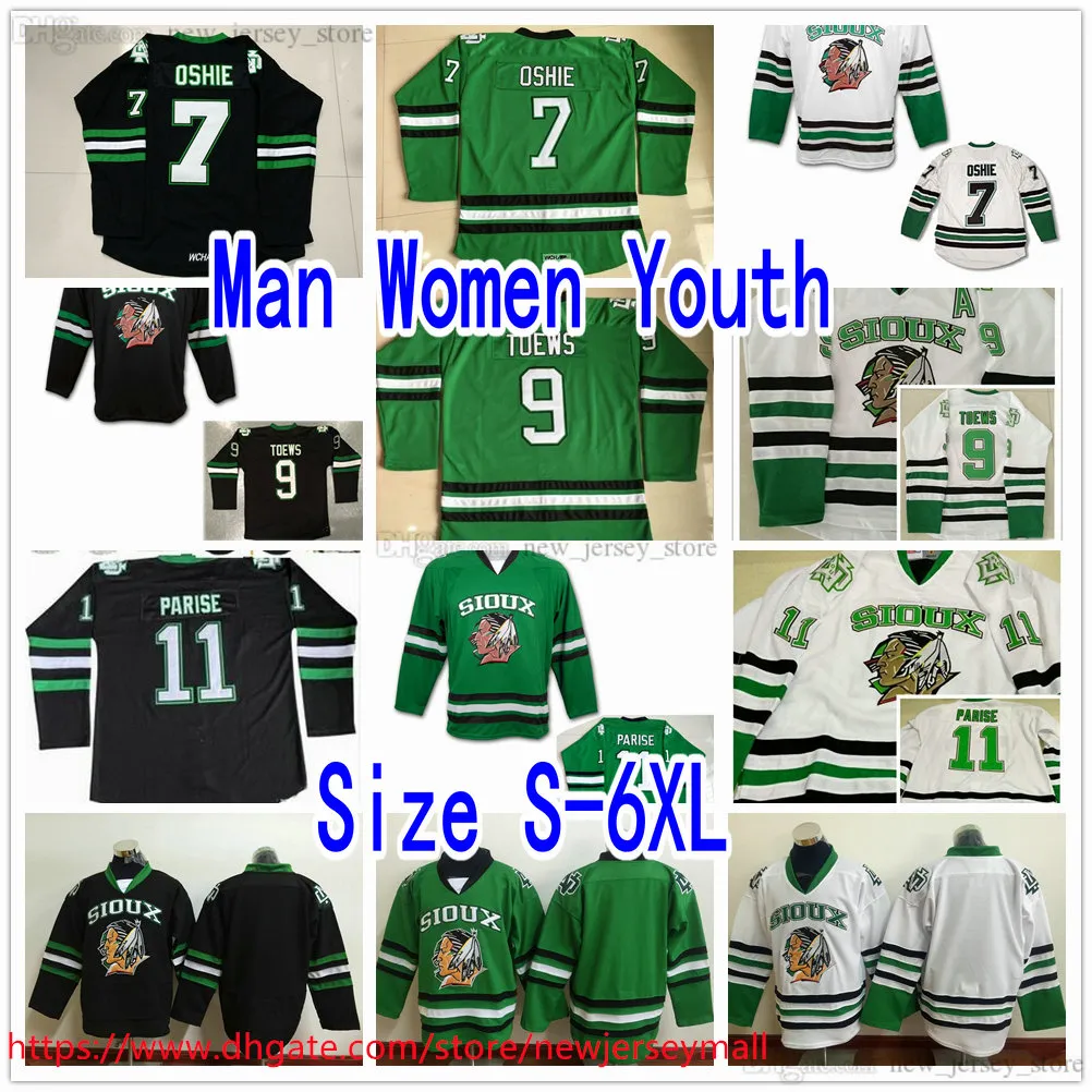 Custom S-6xl Vintage Dakota NCAA NCAA Fighting College Sioux Ice Hockey Jerseys cousu 9 Jonathan Toews 11 Zach Parise 7 T.J.Oshie University Jersey Man Women Youth