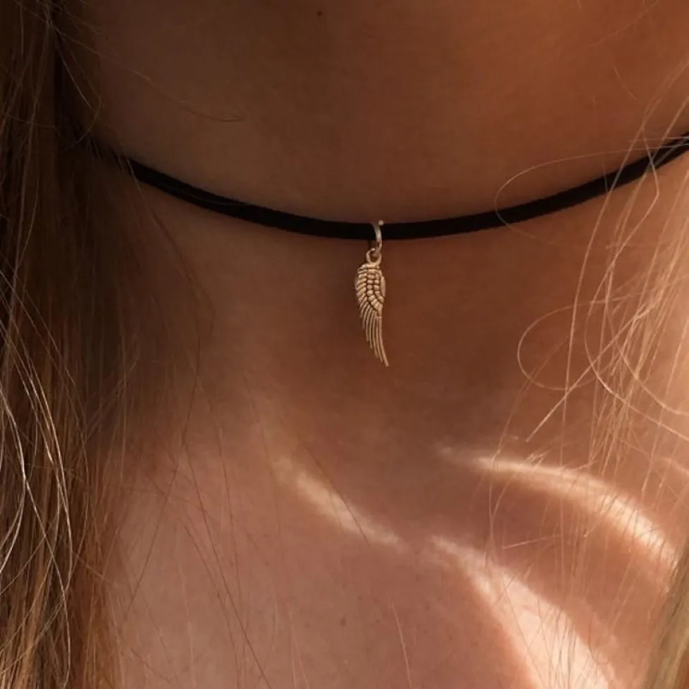 Fashion Boho Choker Simple Angel Wing Necklace On Black Cord Chokers233I