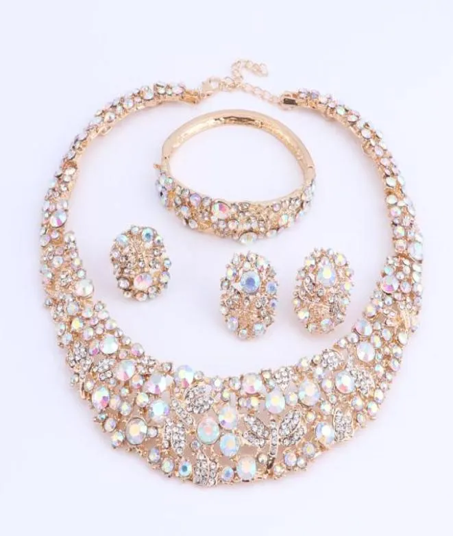 Women AB Color Crystal Jewelry Sets With Necklace Earrings Bracelet Ring Statement Necklaces Boho Trendy Wedding for Party Direct 1830401