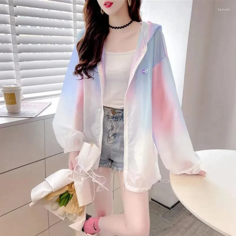 Women's Jackets Hooded Sunscreen Coat Clothes Tops 2024 Summer Thin Anti-UV Tie-Dye Long Sleeve Cardigan