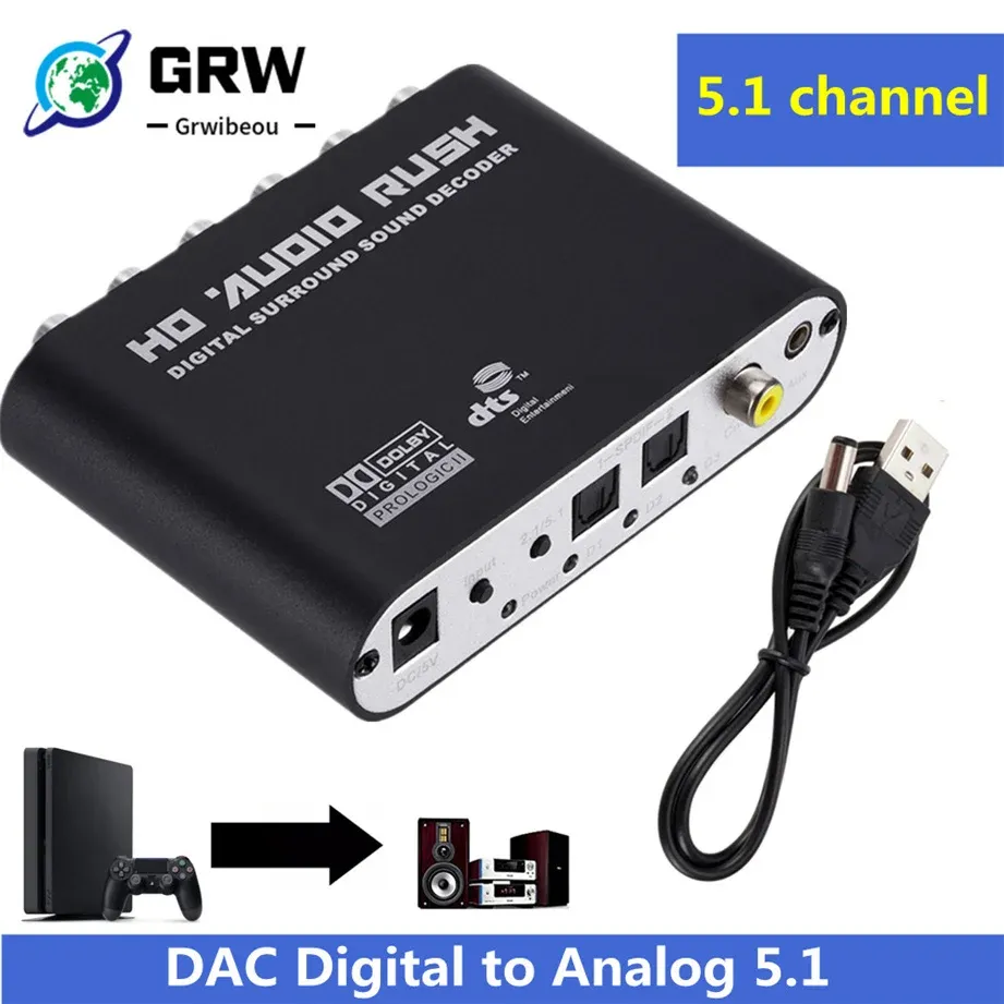 Connecteurs USB 5.1 Convertisseur audio stéréo de canal AUX 3,5 mm en 6 convertisseur audio RCA DAC numérique en analogique SPDIF coaxial DAC