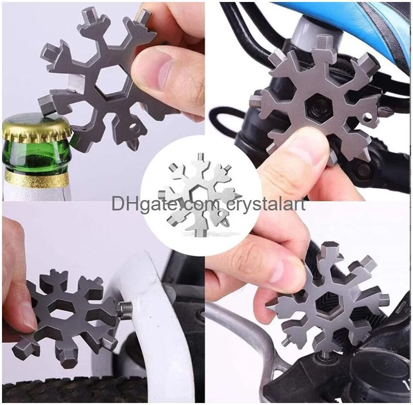 Fietsen Reparatie 18in1 roestvrijstalen sneeuwvlokgereedschap Zhexagon sleutel 6 7 8 9 10 11 12 14 mm multifunctionele schroevendraaier doos flesopener EDC Keychain Safety Hammer