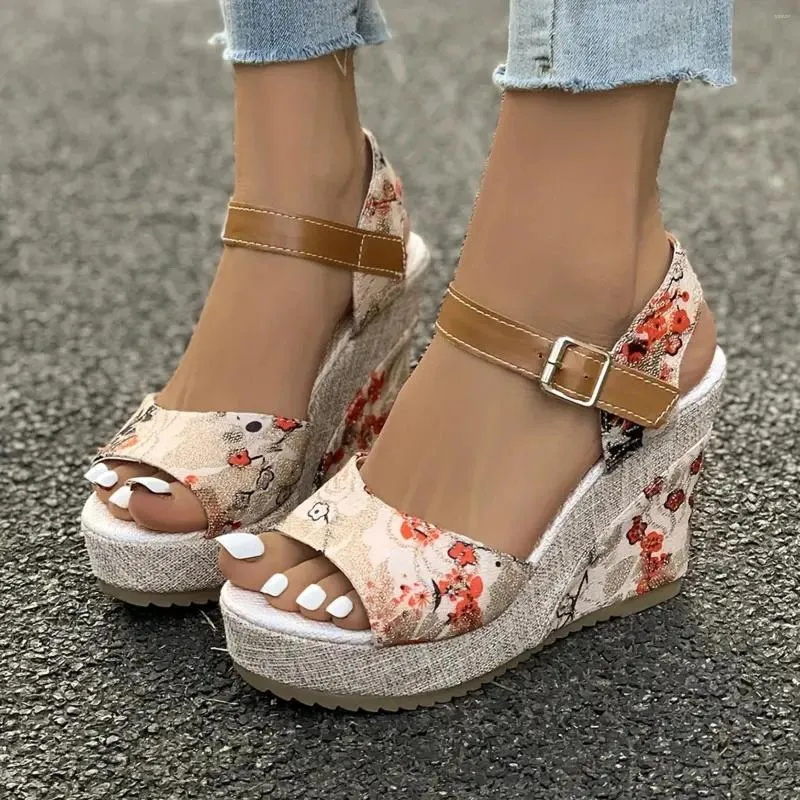 Slippers Designer Sandals For Women Ladies Summer Printed Bow Cloth Belt Buckle Thick Bottom Large Size Rhinestone