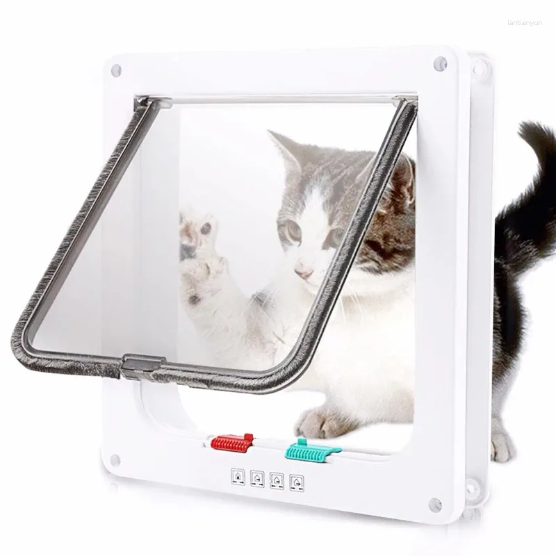 Cat Carriers Pet Flap Door With 4Way Security Lock Gate Weatherproof For Dogs Cats Puppy Kitten ABS Plastic Gates Doors Dog Hole