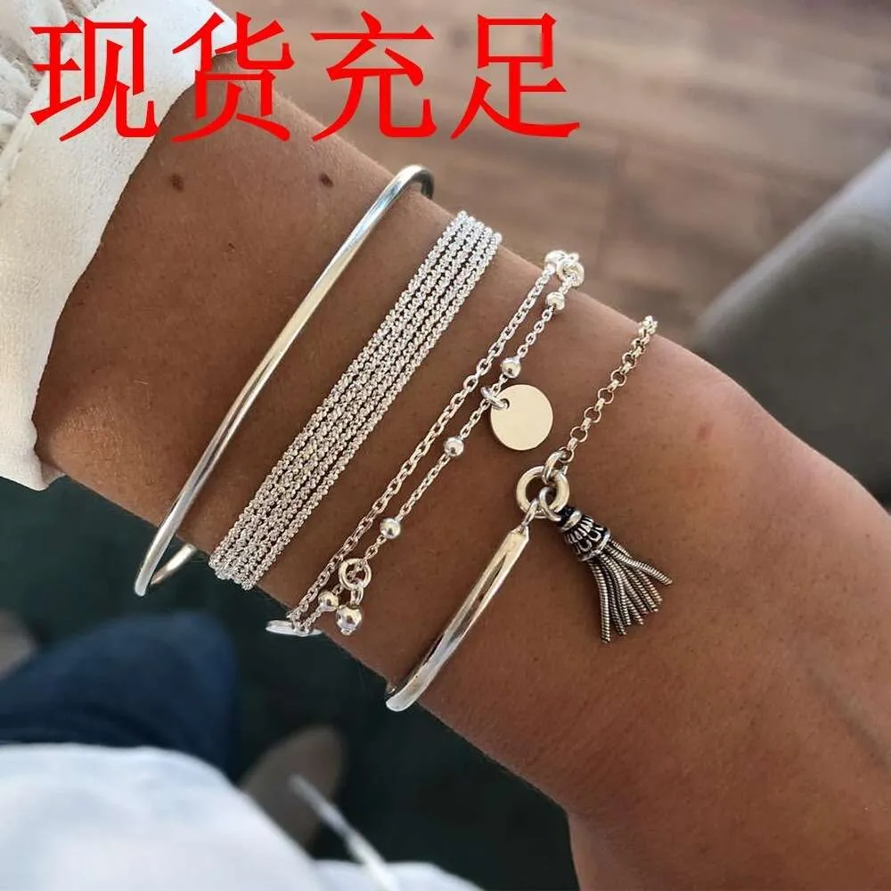 Simple Sier Smooth Tassel Bracelet with Personalized Multi Layer Chain Round Piece Set of 4 Bracelets