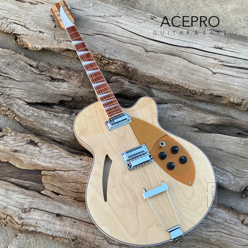 GUITAR COLORE NATURALE BODY FULL HOLLOVE 6 String Electric Guitar Gold Punteggio per picchettatore Bridge 370 Guitarra