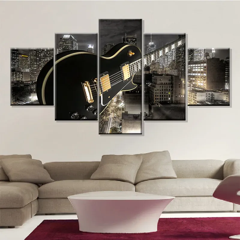 5 Panel Guitar Music Picture Canvas Painting City Landscape Posters Living Room Wall Artist Residence Decorative Home Decor NO Frame