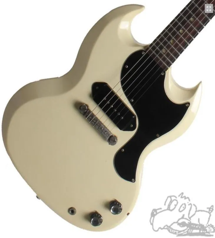 Custom Shop SG Junior 1965 Polaris White Cream Electric Guitar Single Coil Black P90 Pickup Chrome Hardware Black Pickguard8865177