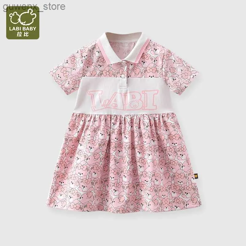 Vestidos de menina vestidos rosa urso de desenho animado vestido de manga curta para crianças girl algodão fofo roupas de joelho de joelho 2024 y240415y240417iumu