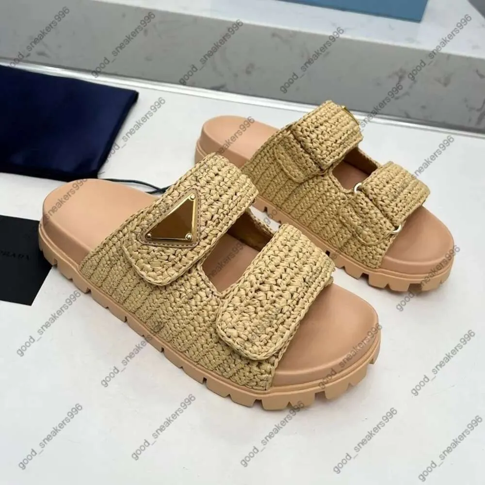 Designer Sandaal Woman Fashion Slides Black Platform Wedges Straw Flatform Slipper Summer Flat Comfort Mule Beach Pool Twee riemen