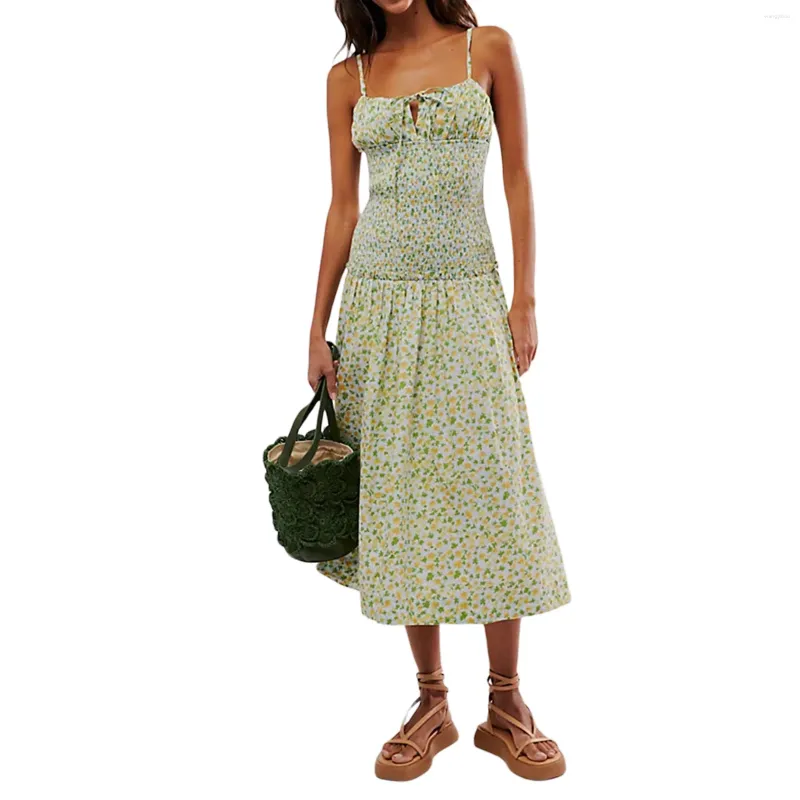 Casual jurken dames zomer cami jurk bloemen/aardbei print spaghetti riem band stropd tie front slank bustier midi
