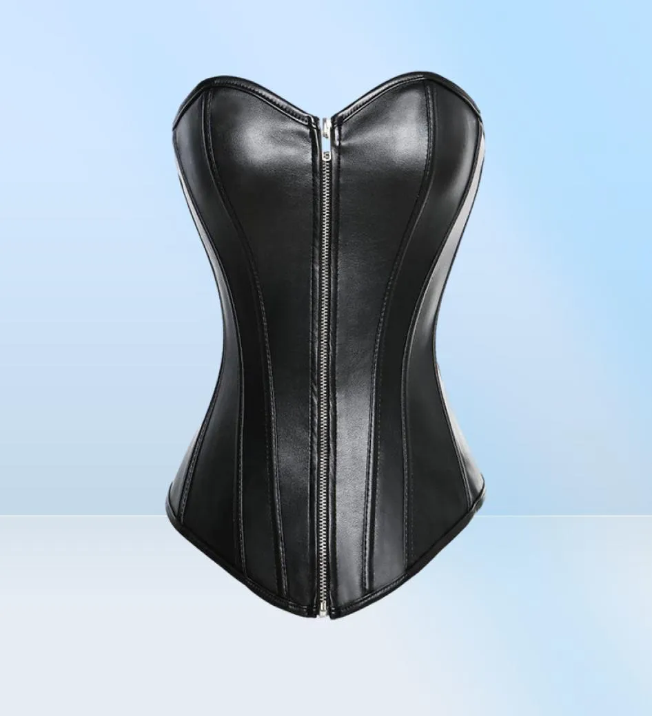 Plus Size PVC Faux Leather Overbust Corset Bustier With Front Exposed Zipper And Push Up Bra In