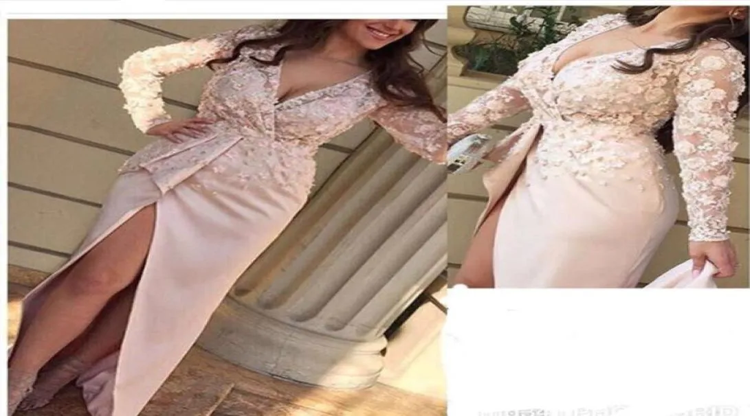 2017 Pink Sheath Evening Dresses with Side Split Vestidos Plunging V Neck Sheer Long Sleeves 3D Appliques Handmade Flowers Party P1313803
