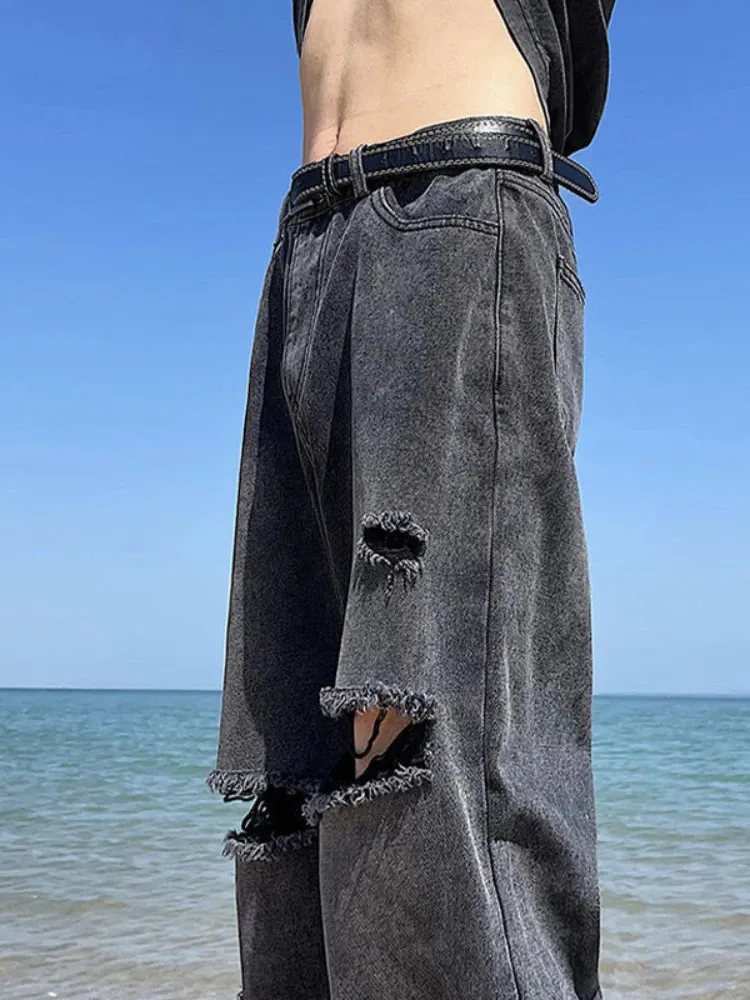 ズボン壊れた壊れた腐った雄のカウボーイパンツストレートリッピングジーンズは穴のある男性用です