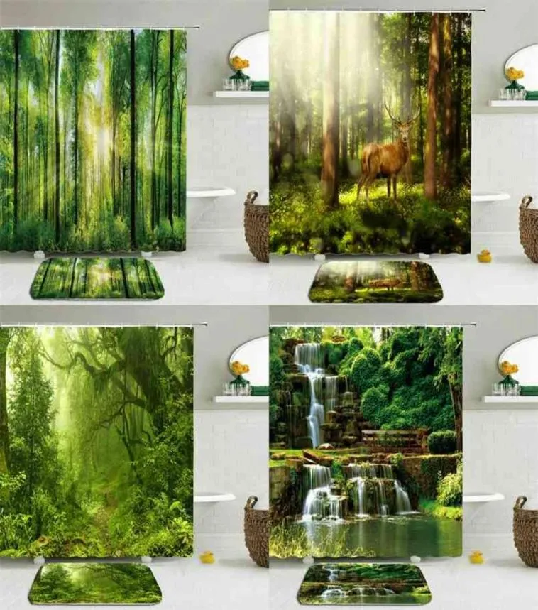 2pcsset 3d Natural Forest Green Plants Shower Curtain Set Mat Bath Curtains Waterproof Cloth Nonslip Toilet Bathroom 2108309123877