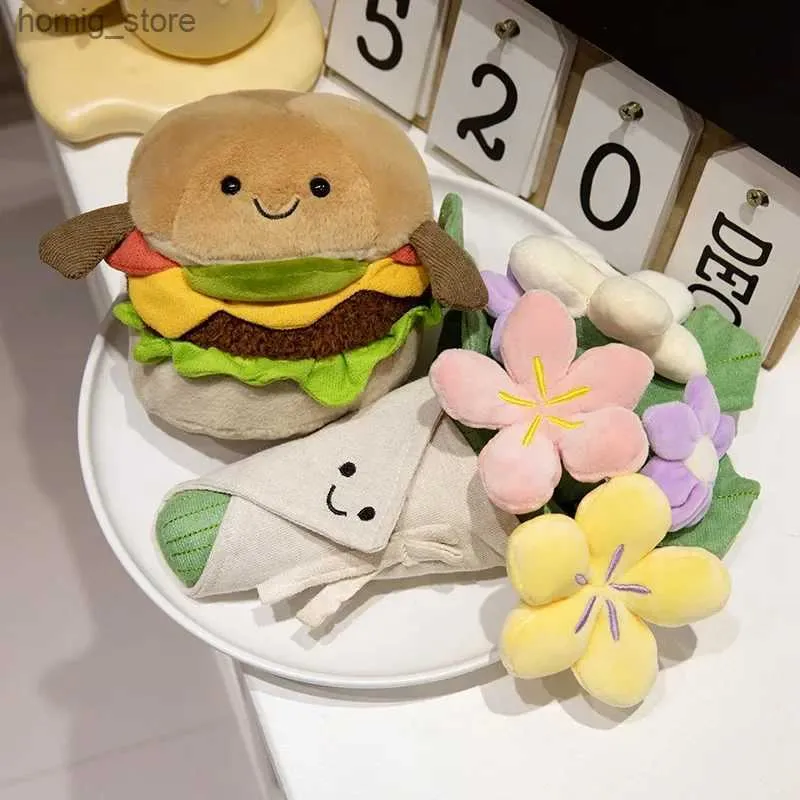 Pluche poppen grappig hamburger pluche kussen cartoon hamburger gevulde boeket bloem pluche kussen zachte huis bank auto decoratief kussen schattig cadeau y240415