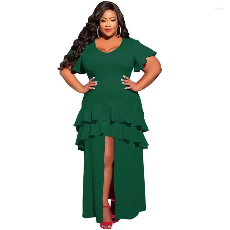Plus Size Dresses Womens Solid O-Neck Y High Split Large Ruffle Layered Maxi Dress Ladies Elegant Party Evening Clothing Drop Delivery Dh1Oq