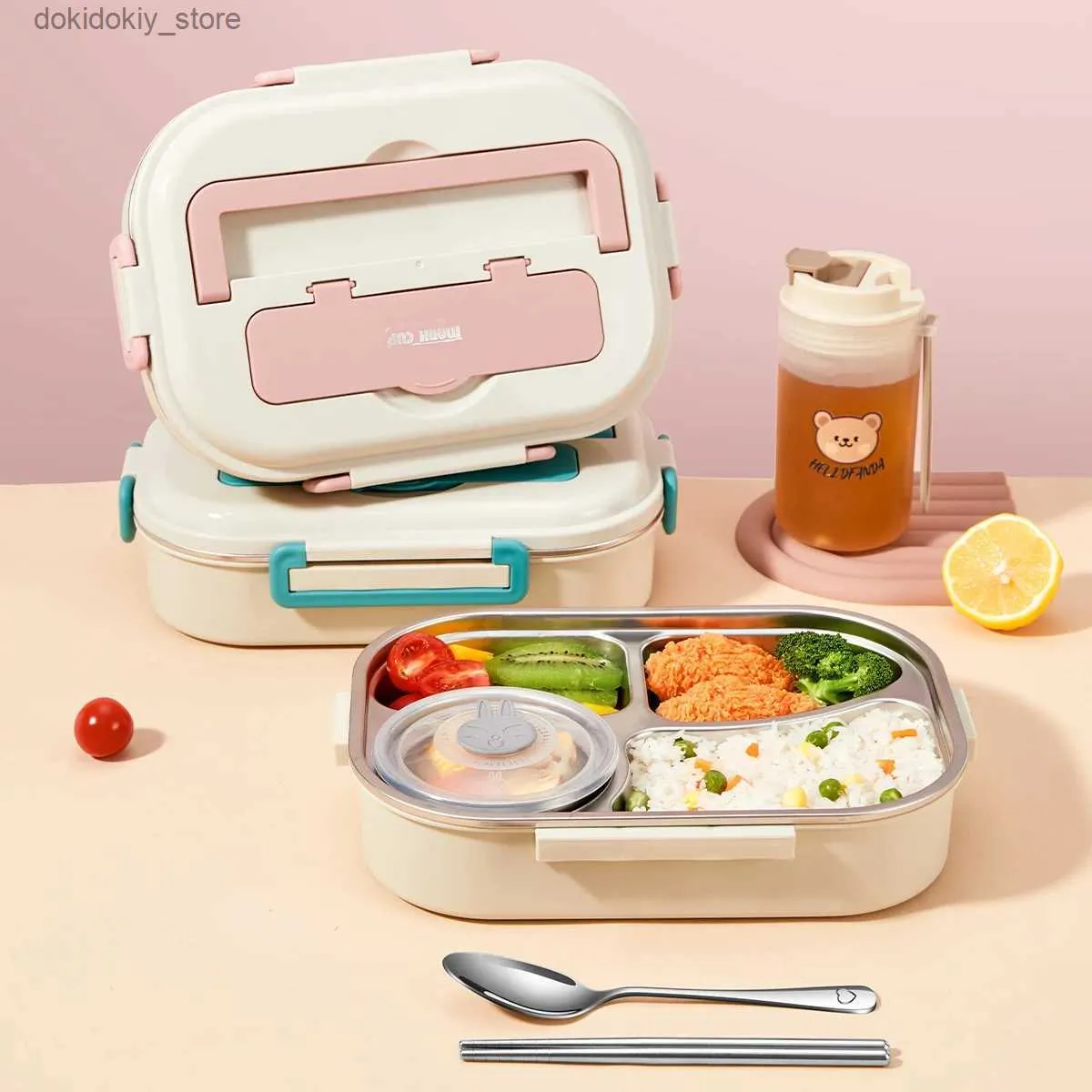 Bento Boxen Worthbuy 18/8 Edelstahl -Lunchbox mit Tabellengeschirr tragbarer Multirid Bento Box Mikrowelle Safe Food Storae Container L49