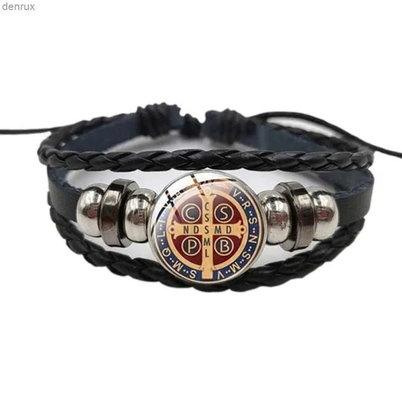 Andra armband katolska helgon Benedict exorcism läder armband Nursia Saint Benedict Christian Mönster Glass Buckle Armeletl240415