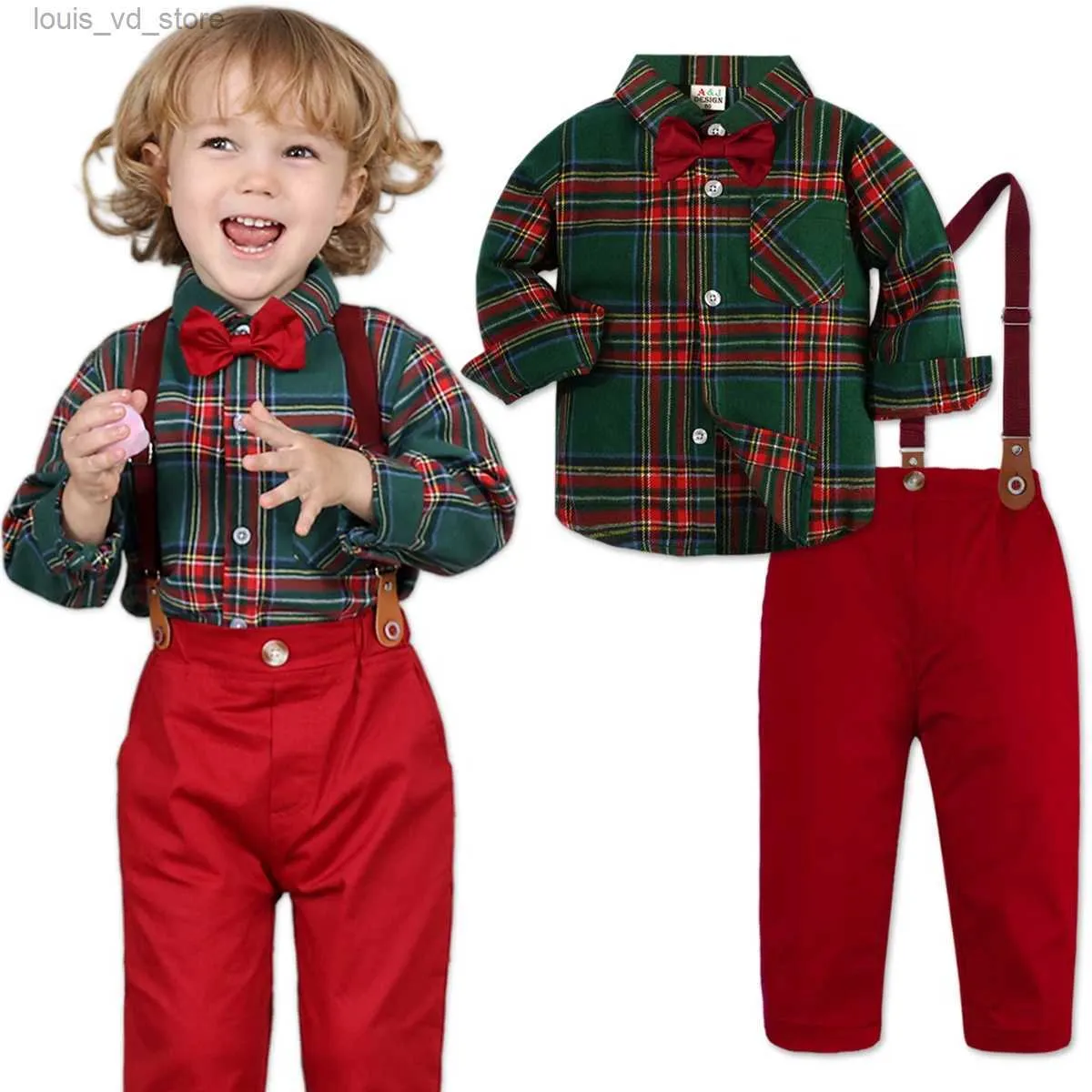 Clothing Sets Baby Christmas Outfit Boy Kids Gentleman Formal Suit Toddler Suspenders Clothing Set Infant Party Dress Shirt T240415
