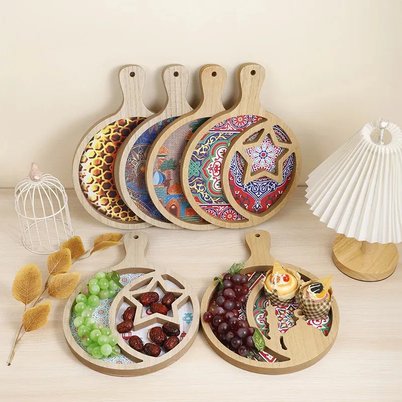 Ramadan Decoratie 2024 Moon Star Wooden Food Tray Eid Mubarak Islamitische moslimfeest Decor Ramadan Kareem Geschenken Eid Al Adha 240403