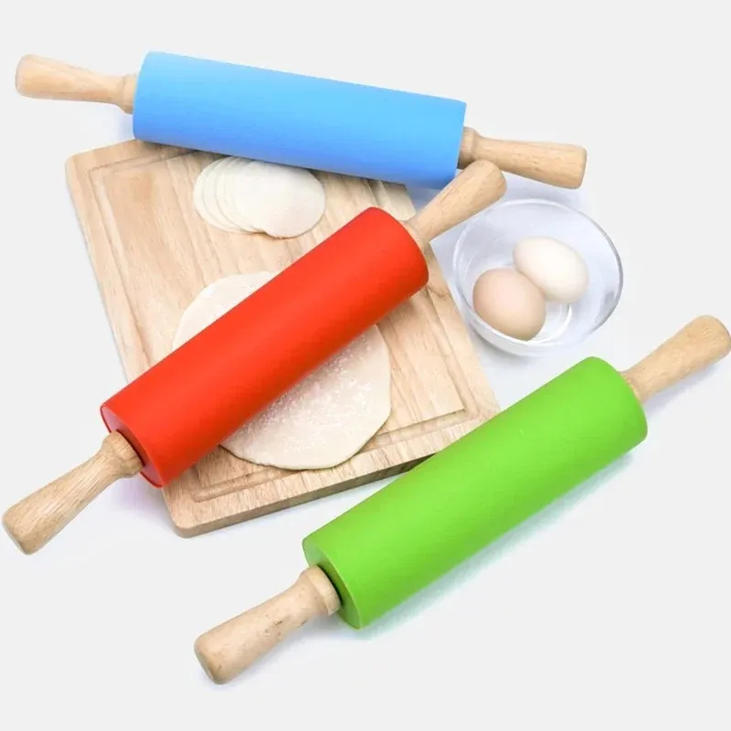 S M Silicone Rolling Pin Non-Stick Pastry Dough Flour Roller Wooden Handle Pizza Pasta Roller Kitchen Pastry Baking Tool