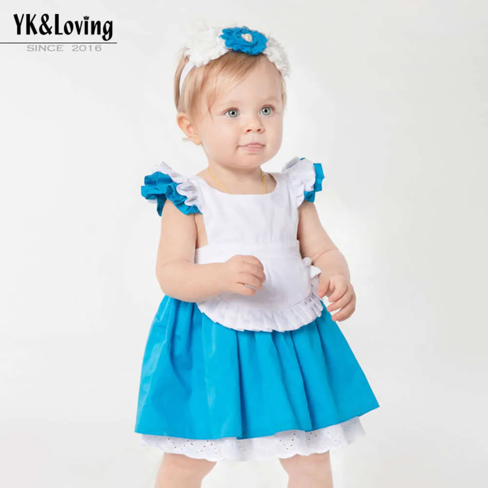 Girl's Dress Summer New White Blue Cinderella Maid Fashion Flying Sleeves Princess Dress 1-6 Year Old Girl's Dress