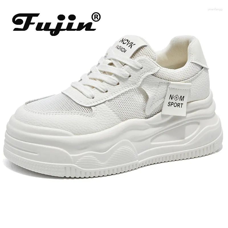 Buty zwykłe Fujin 8,5 cm siatka powietrza oryginalna skórzana platforma klinowa wysoka marka Flats Summer Breathable Chunky Sneaker Hollow Comfy