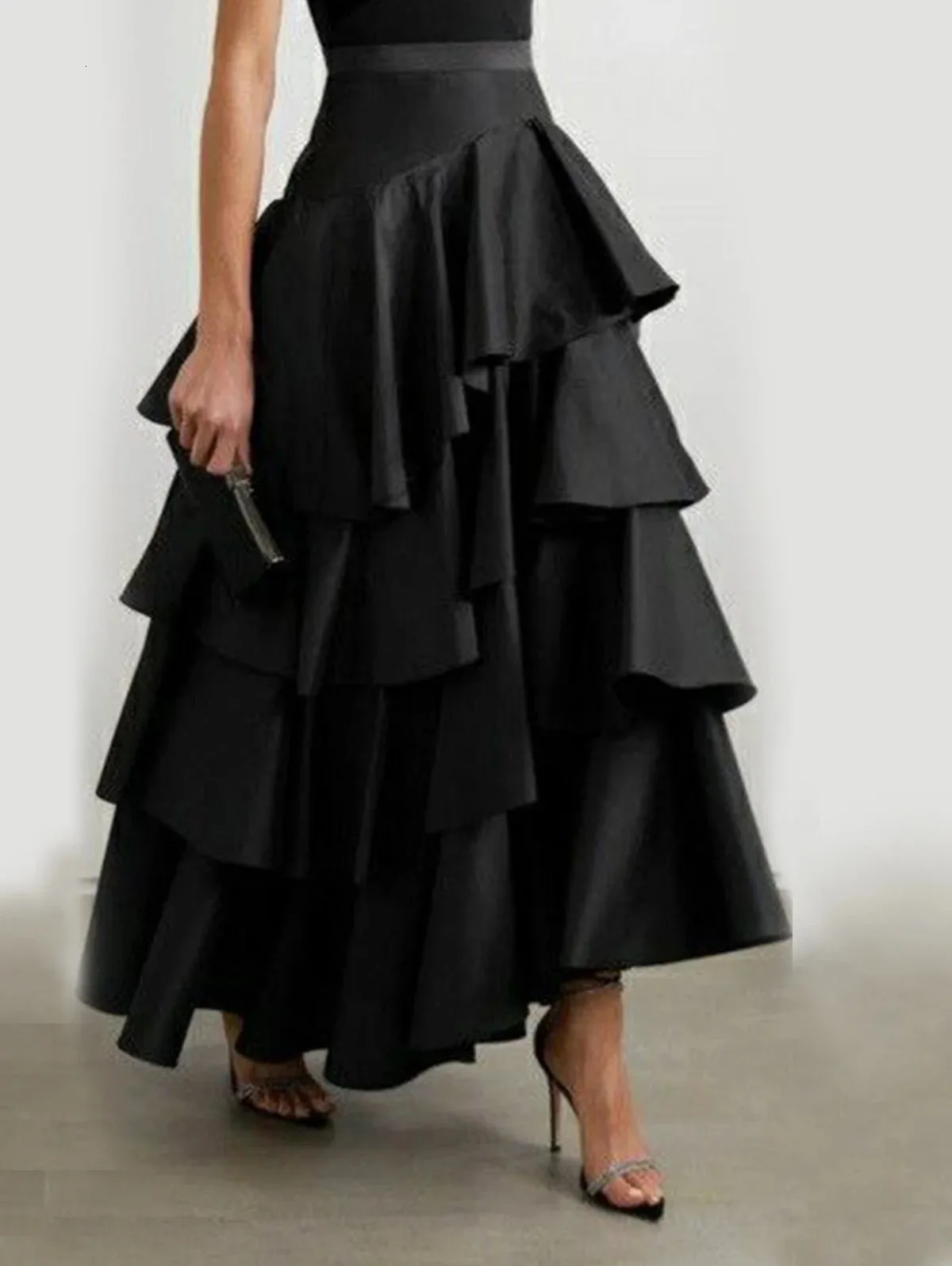 Layered High-Waisted Maxi Skirt, Black Ruffle A-Line Skirt for