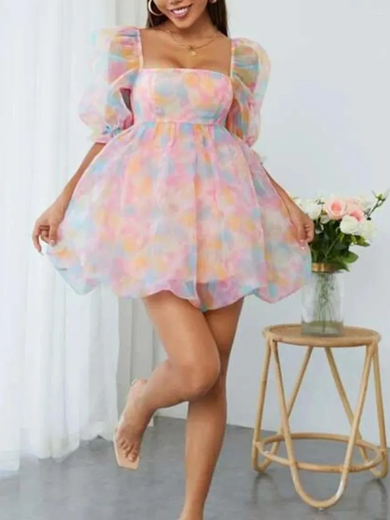 Vestidos casuais Mulheres mangas fofas de manga tule tulle malha de pescoço quadrado mina fada mini bubble party baile