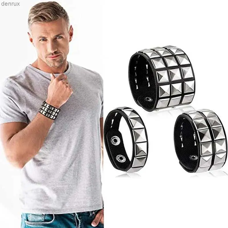 Other Bracelets New Unique 3 Row Cuspidal Spikes Rivet Stud Wide Cuff Leather Punk Gothic Rock Unisex Bangle Bracelet Men JewelryL240415