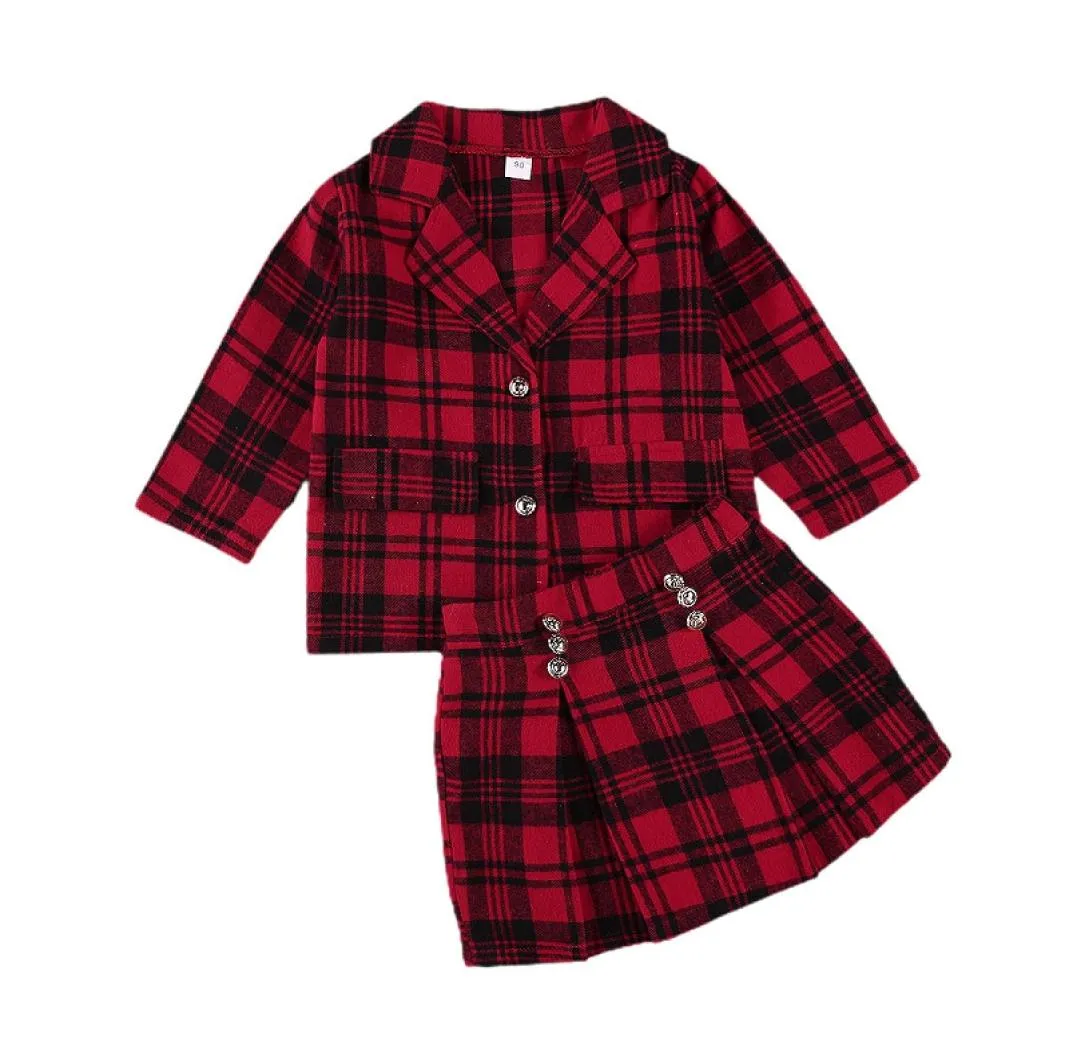 Children039s Clothing Spring Autumn New Litter Girls Plaid rockar Jacka kjol outfits mode barn röd rutig tryckt kjol kostym8016238