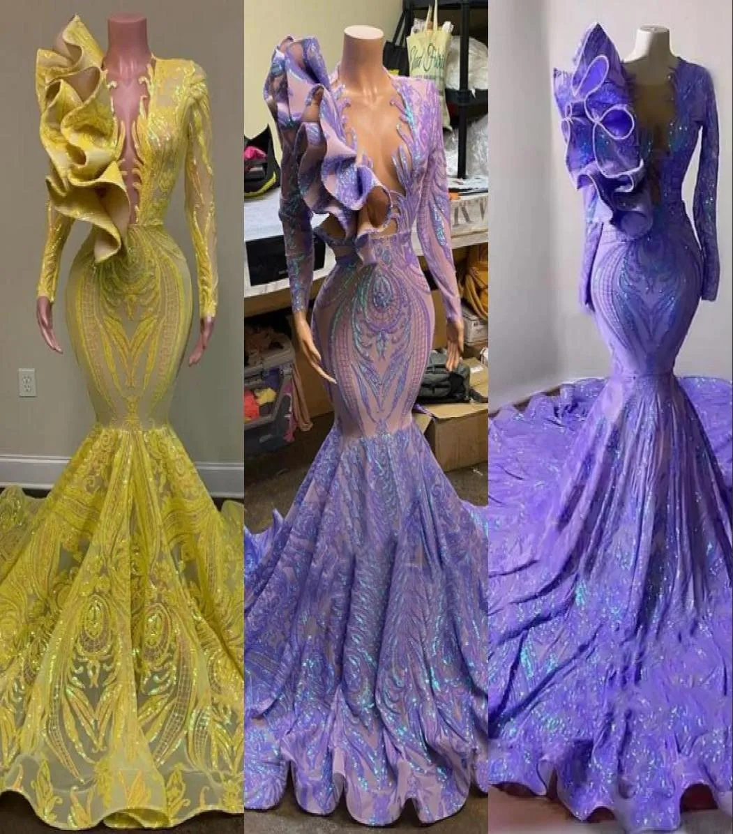 2023 Sparkling -pailletten Mermaid prom jurk Lila lavendel Geel sexy V nek Ruches feestjurken lange mouwen glanzende kant avond dr9863968