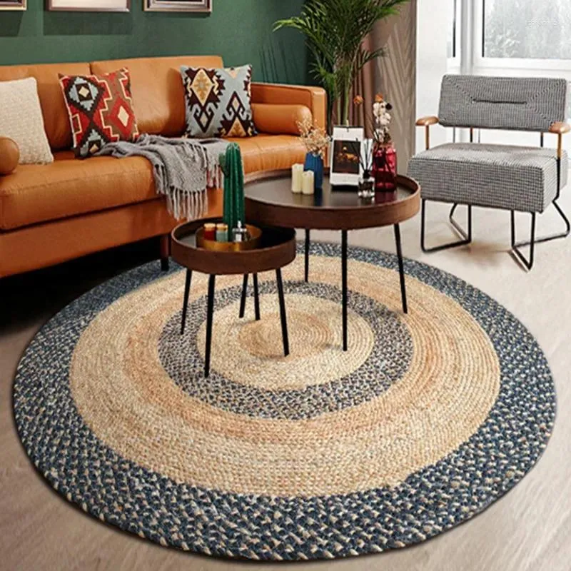 Carpets Natural Quality Jute Handmade Area Rug American Style Round Shaped Vintage Decorative Bedside Carpet Cool Mat For Summer