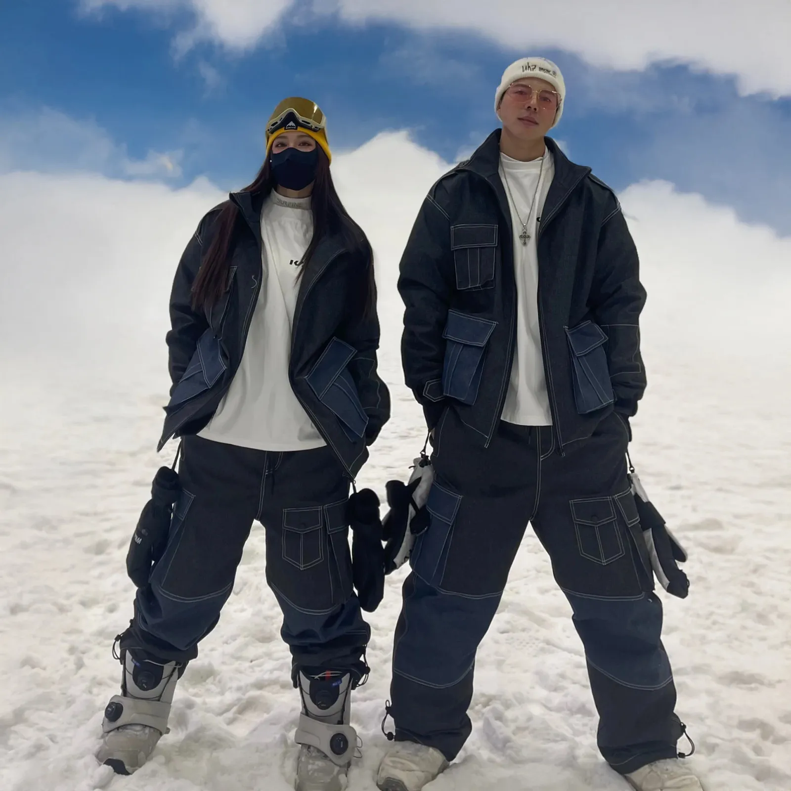 Warm Denim Ski Suit Set: Hooded Jacket Waterproof Ski Pants