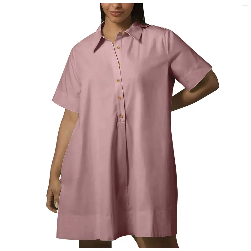 Casual Dresses Women Plus-size skjorta klänning Kort ärm Löst sommarknapp ner tunika vändkrage fickor vestido