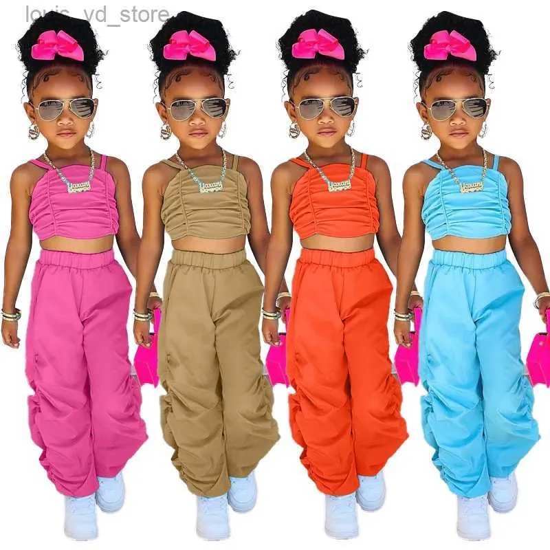 Kleidung Sets 1-8 Jahre Baby Kinder Sommerkleidung für Mädchen ärmellose Ernte Tops+Cargo Hosen 2pcs/Sets Childrens Mode Kleidung Outfits Mädchen T240415