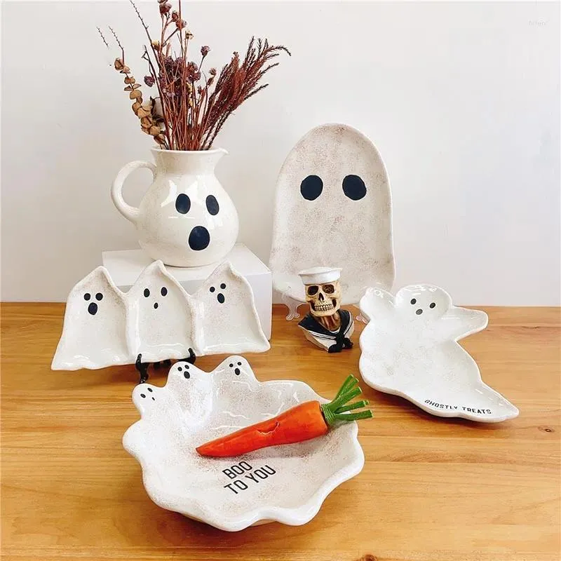 Borden 1 stuk witte Halloween persoonlijkheid creatieve keramische plaat fruit snack eenvoudige handgeschilderde hoge temperatuur