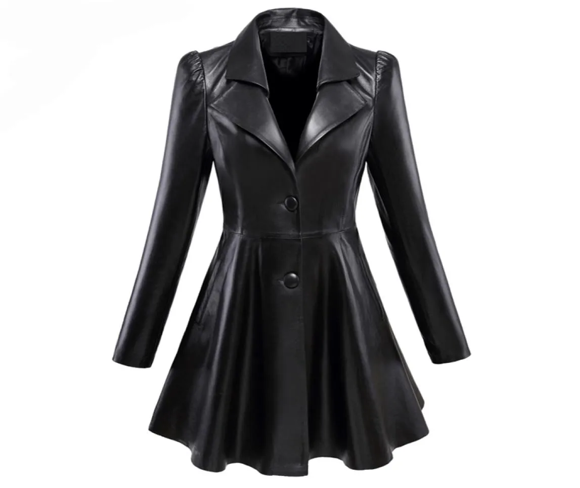 Women039S Leather Faux Leather Women S Jackets Nerazzurri Fit och Flare Faux Leather Coat notched Lapel Long Sleeve Puff Skirte6676602