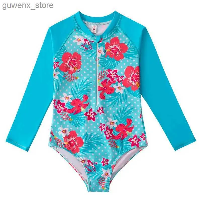 Één-stuks 2023 Little Girls Swimsuit Long Sleeve Floral One-Piece Swimwear Childrens Sunscreen Beachwear Swimsuit Kids Girl Swimwear Y240412