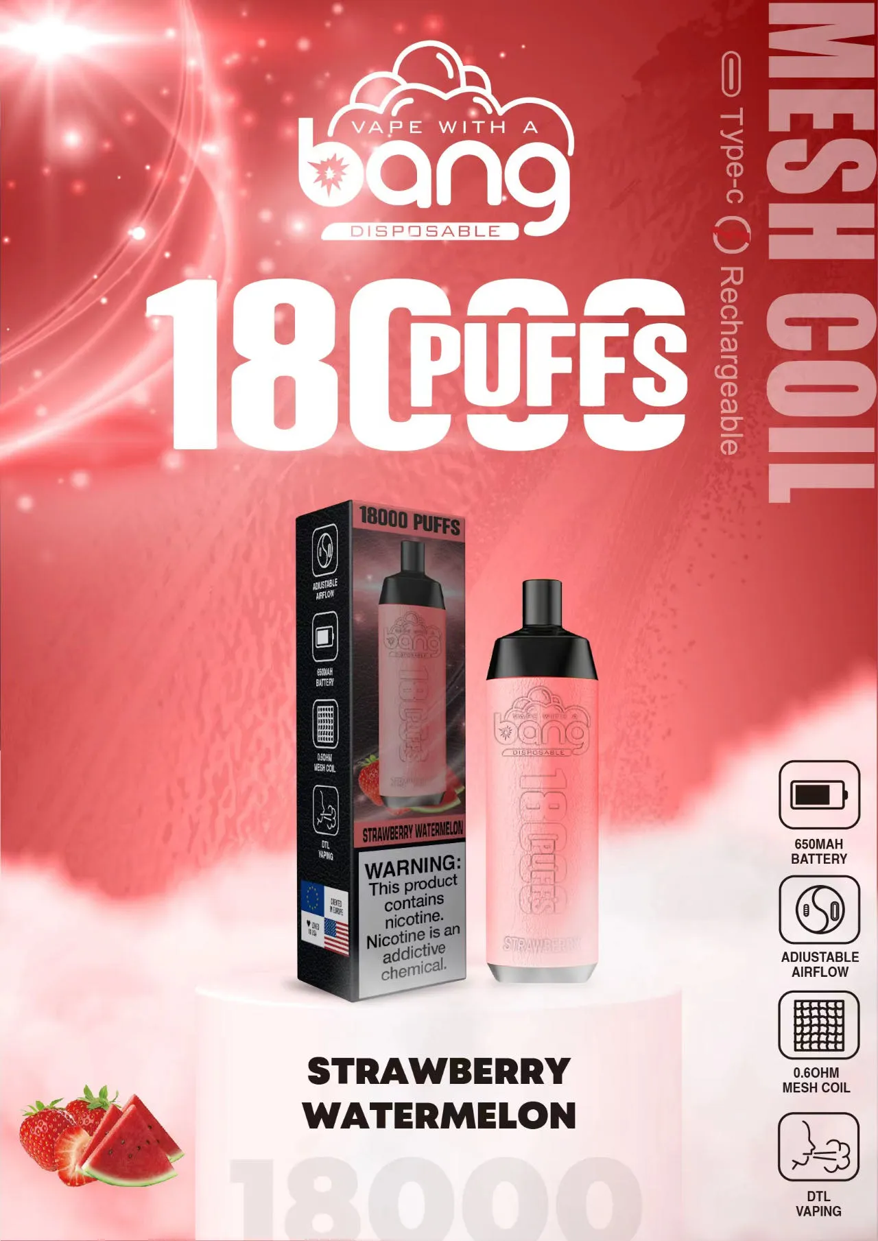 원래 Bang 18000puff 일회용 담배 24ml, 16 플라보, 650mAh 대 임의의 토네이도 담배 9K, 12000 비 오염 담배.