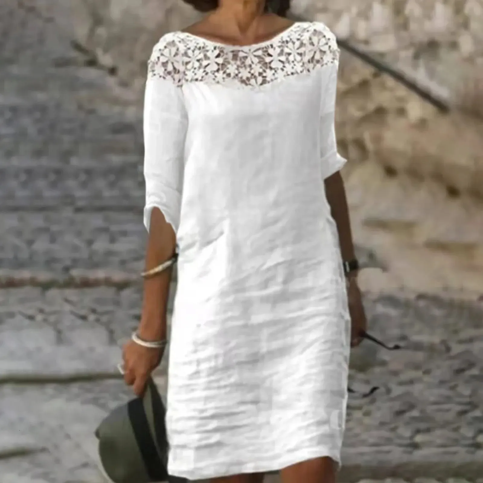 Kvinnor hål ut boho klänning vit vestidos sommar mode spets lösa strandklänningar eleganta damer casual midi 240415