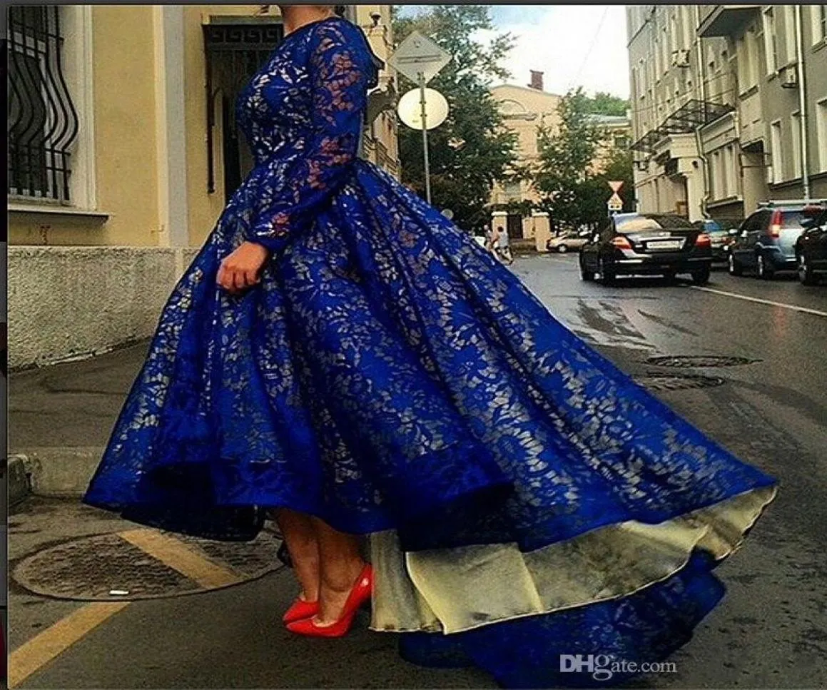 Custom High Low Low Royal Blue Prom -jurken met lange mouwen elegante avondjurken Puffy Princess Party -jurken5257246