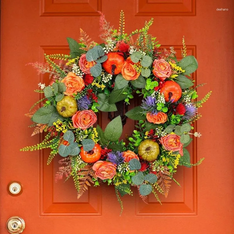 Fleurs décoratives Fall Pumpkin Couronne en plastique pour la porte d'entrée Couronnes