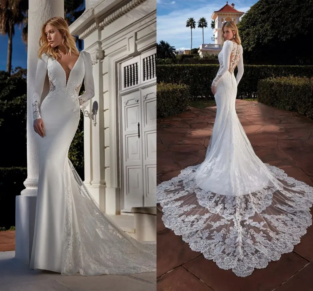 Boho Trumpet Mermaid Wedding Dresses With Long Sleeves V Neck Lace Appliqued Bridal Gowns Court Train Illusion Back Slim Fitted Elegant Satin Robes de Mariee YD