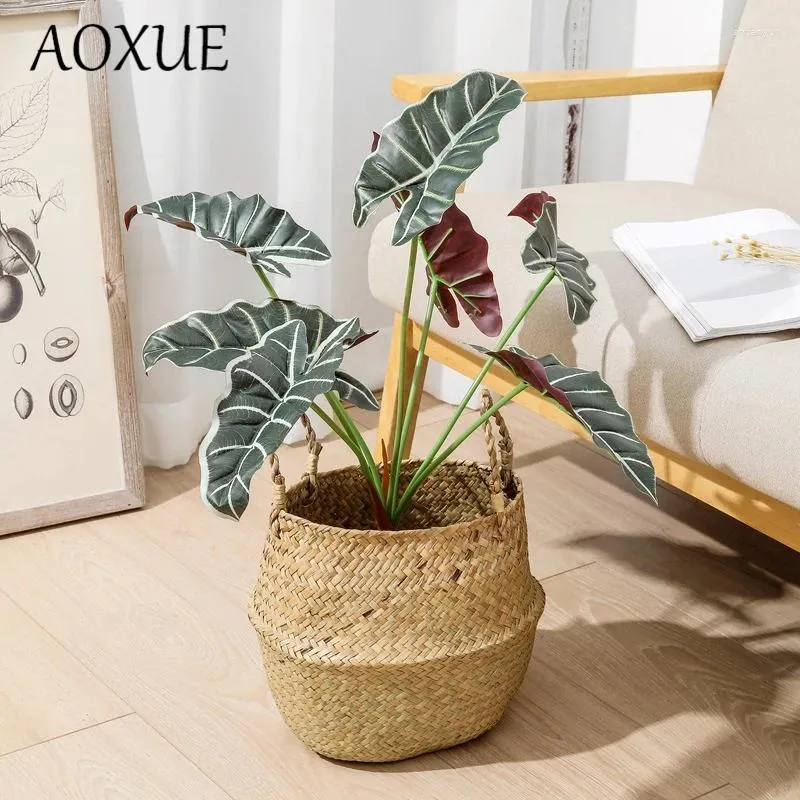 Flores decorativas Simulação de 7 cabeças nórdicas guanyin lotus plantas verdes alocasia folha de folhas falsas POGRAÇÕES DOMENTE DE DECORAÇÃO DO SALA