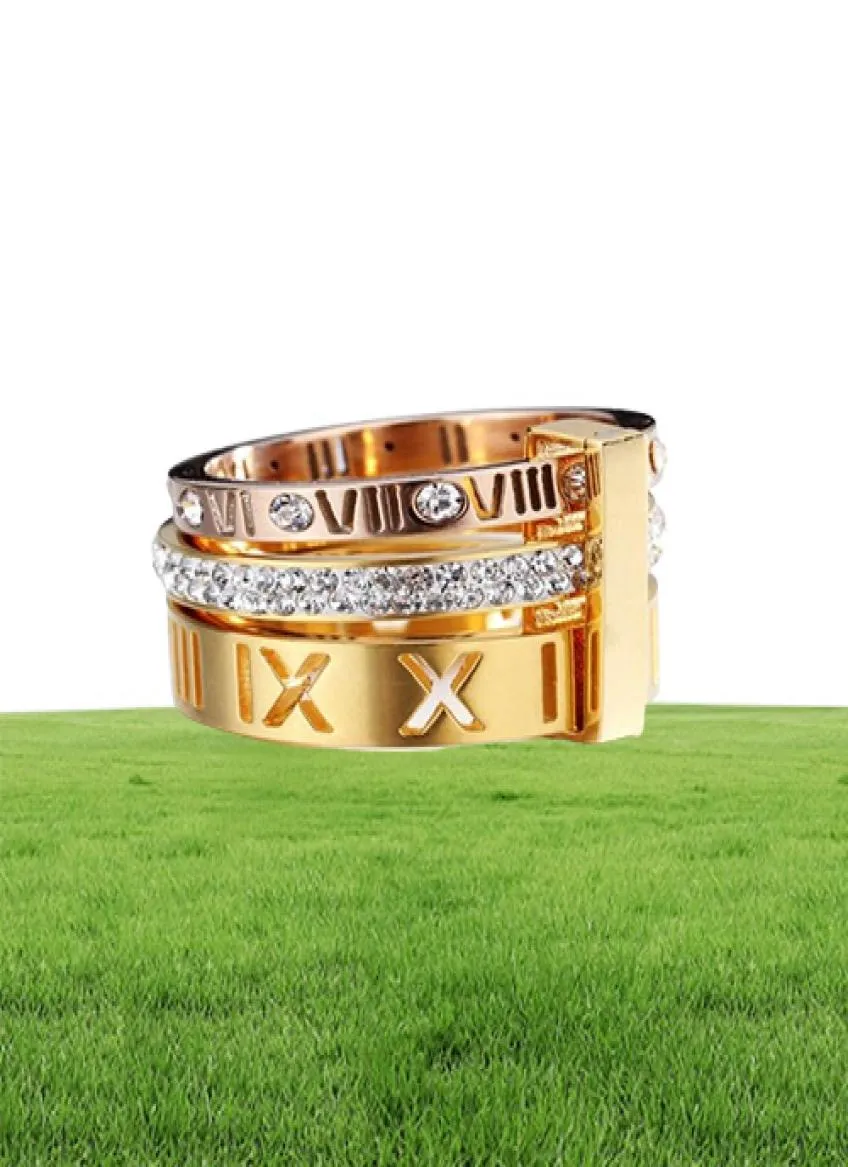 Kobiety męskie szerokie pierścionki cyfr rzymskich w pełnym rozmiarze 612 złoty srebrny róży Rose Projekt mody Projekt mody Jakość stali nierdzewnej Jewelry1824778