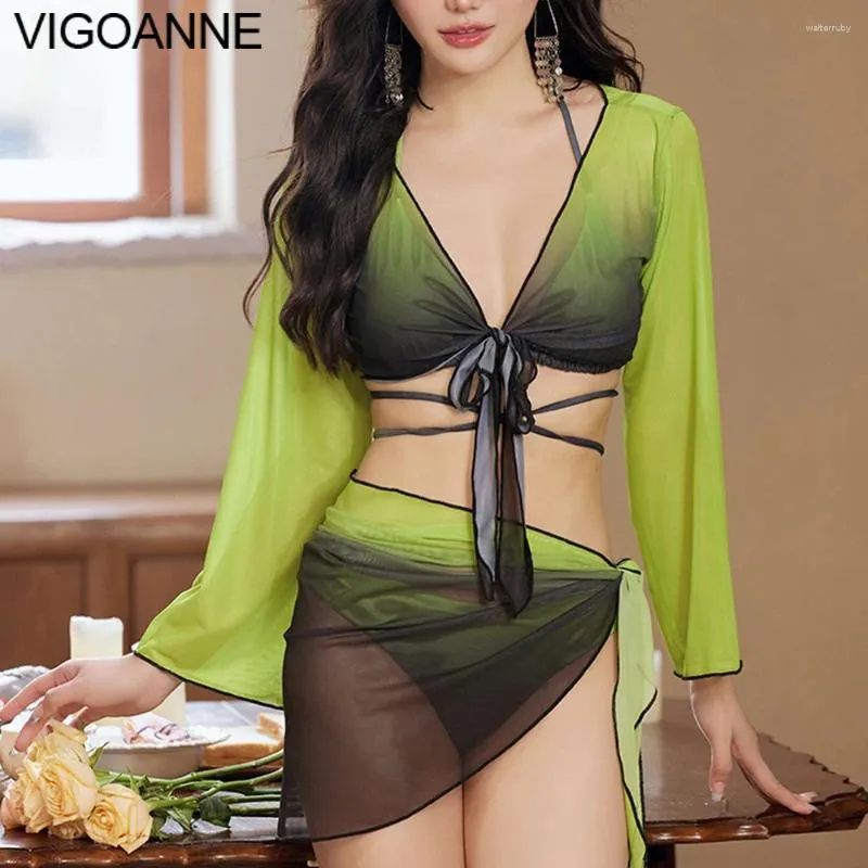 Women's Swimwear VigoAnne Korean Gradiente Sexy 4PCS Mesh Skirt Bikini Set Women 2024 String Cros Hollow Swimsuit Blackless Summer Bathing