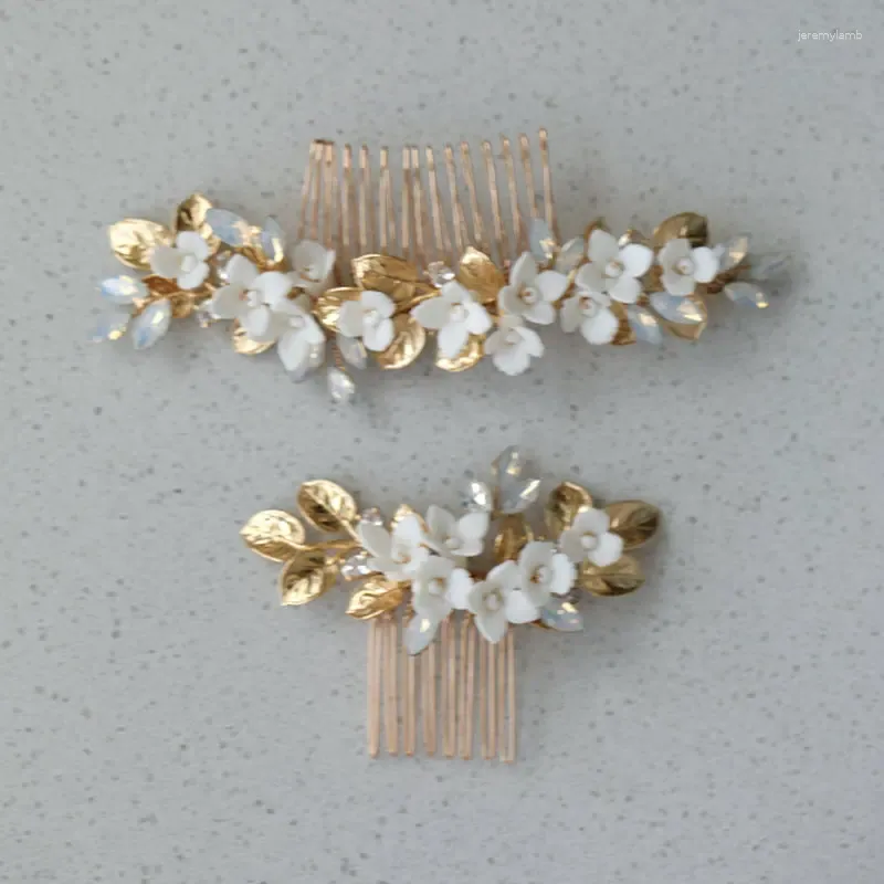 Hair Clips Handmade Bridal Comb White Ceramic Flower Headpiece Gold Color Leaf Wedding Accessories Opal Crystal Jewelry