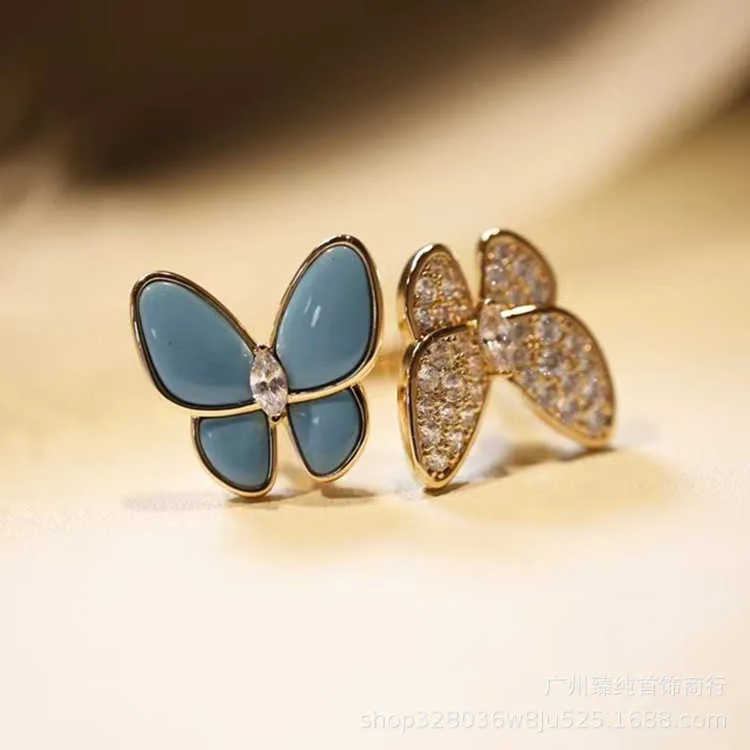 العلامة التجارية الأصلية عالية الإصدار Van Double Butterfly Ring Womens New Turquoise Set Diamond Open French French غير متماثل أفضل صديق ص